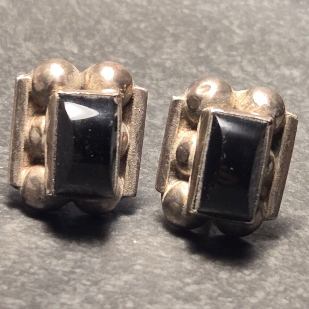 Mexico Black Screw on Sterling Silver Earrings